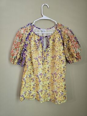 Current Air  Butter Yellow Floral Tie-Front Puff Sleeve Blouse Women Size S
